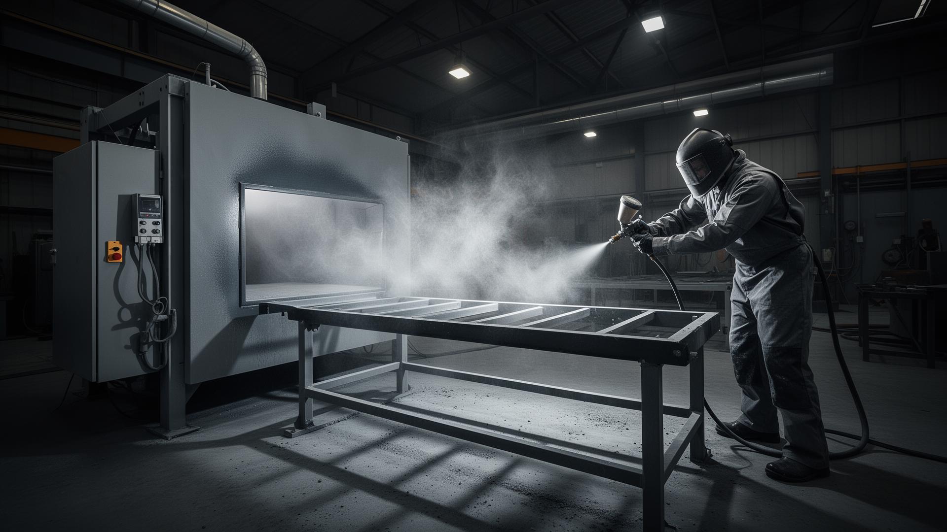 Industrial powder coating workshop, operator spraying metal frame